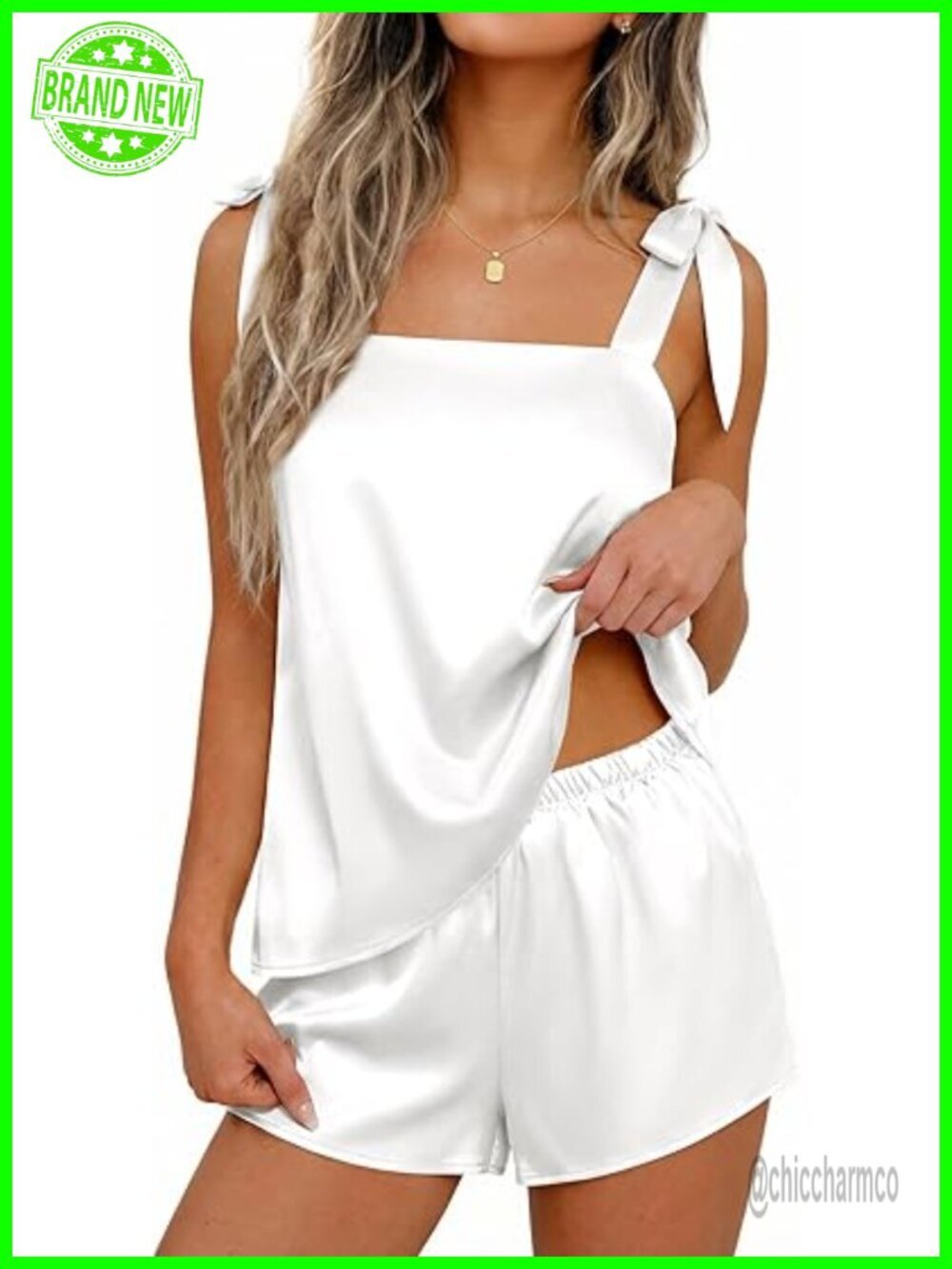 Silk Pajama Set Bow Tie Knot Tank Top Cami Shorts Satin Loungewear